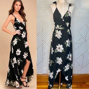 Lulu's All Mine Black Floral High-Low Wrap Dress